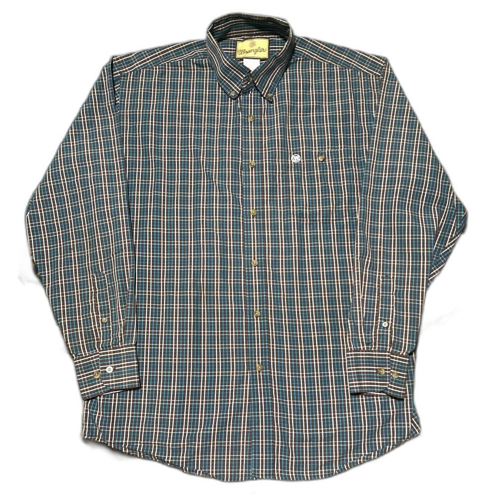 Wrangler Shirt Brown Blue Men’s L Western Plaid Long Sleeve Button Up Rodeo